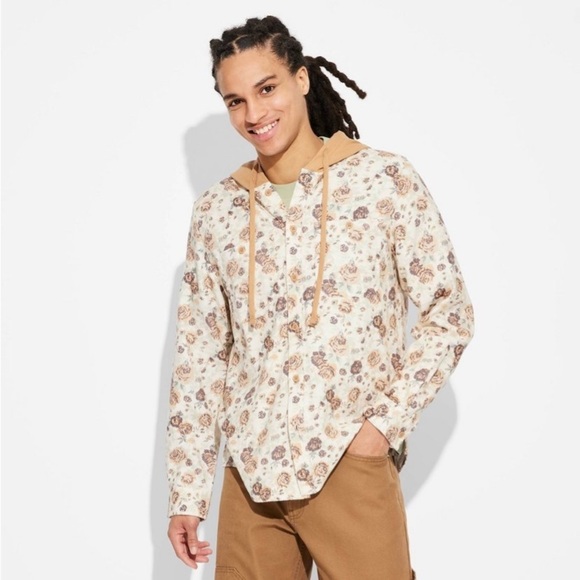 Men's Hooded Long Sleeve Button-Down Shirt Original Use Khaki Floral Print XXL - Picture 1 of 5